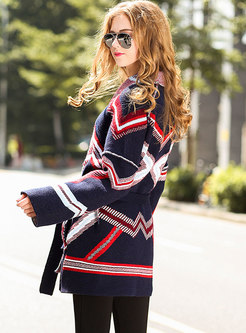 Multi Color Turn Down Collar Belted Cardigan