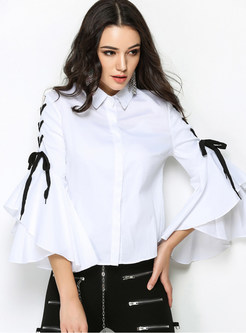 Lapel Flare Sleeve Hollow Out Tied Short Blouse
