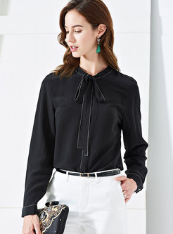 Brief Tie-collar Top Stitched Blouse