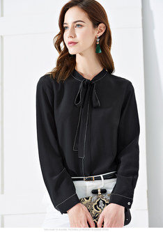 Brief Tie-collar Top Stitched Blouse