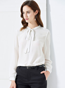 White Tie-collar Top Stitched Blouse