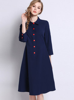 Blue Turn-down Collar A Line Dress With Button Decoration
