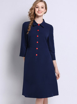 Blue Turn-down Collar A Line Dress With Button Decoration