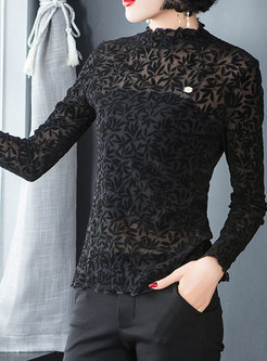 Trendy Black Lace-paneled Slim Bottoming T-Shirt