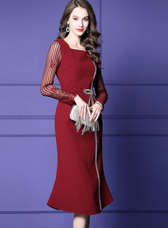 Red Square Neck Drilling Mermaid Dress With Bowknot 