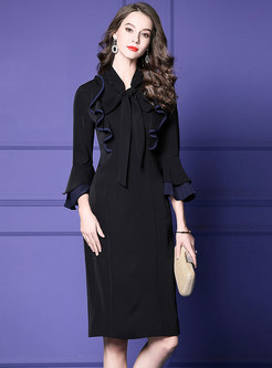 Black Solid Flare Sleeve High Waist Sheath Dress