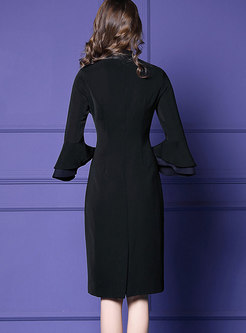 Black Solid Flare Sleeve High Waist Sheath Dress