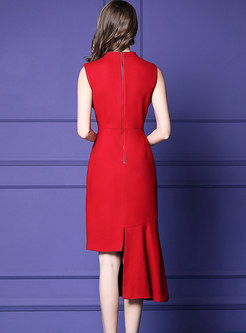 Party Red Crew-neck Sleeveless Asymmetric Hem Dress