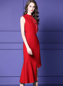 Party Red Crew-neck Sleeveless Asymmetric Hem Dress