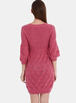 Pure Color Lantern Sleeve Hollow Out Knitted Dress