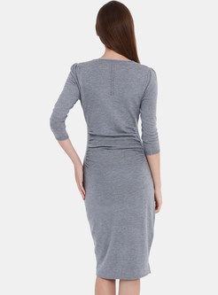 Elegant Grey V-neck Sheath Knitted Dress