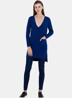 Deep V-neck Solid Color Asymmetric Knee-length Dress