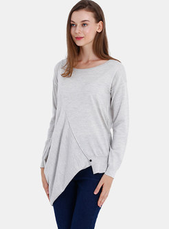 Casual Solid Color O-neck Asymmetric Pullover Sweater
