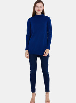 Solid Color High Neck Side-slit Pullover Sweater