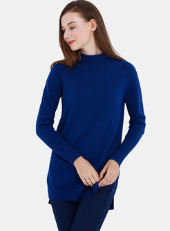 Solid Color High Neck Side-slit Pullover Sweater