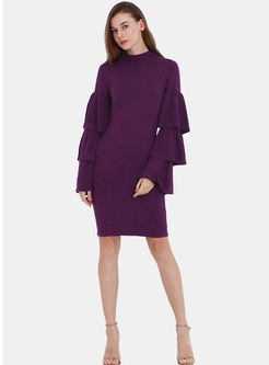 Chic Pure Color Flare Sleeve Sheath Sweater Dress