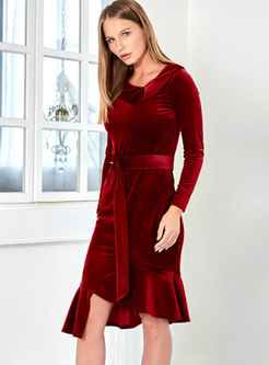 Wine Red Velvet Belted Asymmetric Sheath Dress
