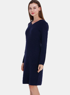Brief Pure Color V-neck Slim Sweater Dress