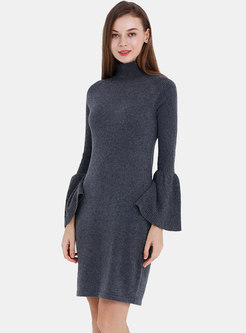 Elegant Stand Collar Flare Sleeve Slim Knitted Dress