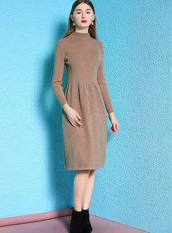 High Neck Long Sleeve Pure Color Slim Knitted Dress