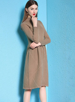 High Neck Long Sleeve Pure Color Slim Knitted Dress