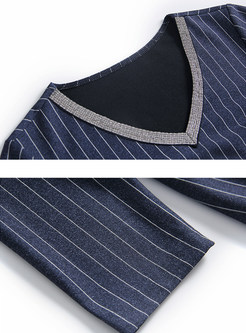 Trendy V-neck Beaded Striped Tie-waist A Line Dress