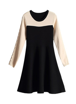 Chic O-neck Hollow Out Long Sleeve Splicing Knitted Dress