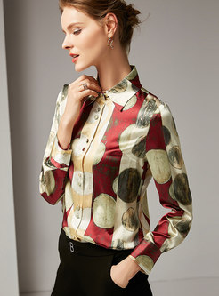 Stylish Turn-down Collar Silk Print Buttoned Blouse