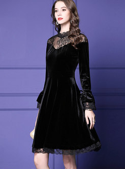 Autumn Black Mesh Stitching Velvet Lace Dress