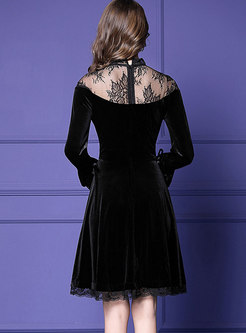 Autumn Black Mesh Stitching Velvet Lace Dress