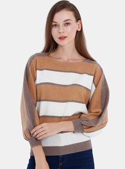 Chic Striped Lantern Sleeve O-neck Sweater