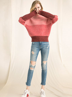 Stylish Color-blocked Slash Neck Loose Sweater