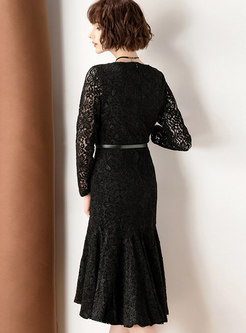 Black Lace Stitching Long Sleeve Hollow Out A Line Dress