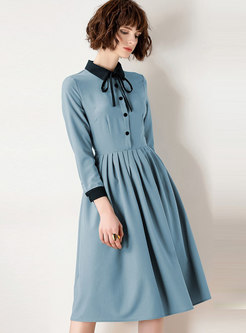 Blue-grey Turn-down Collar High Waist Belted Dress