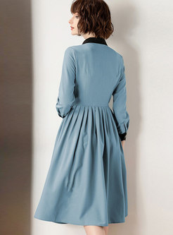 Blue-grey Turn-down Collar High Waist Belted Dress