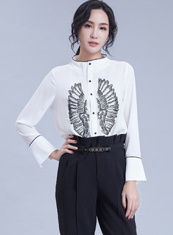 Standing Collar Single-breasted Print Blouse