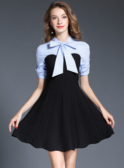 Striped Splicing Tie-collar Slim Knitted Dress