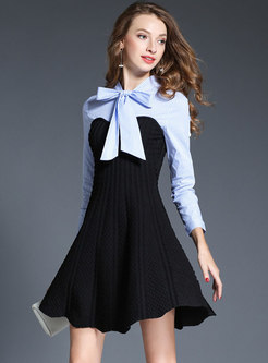 Striped Splicing Tie-collar Slim Knitted Dress