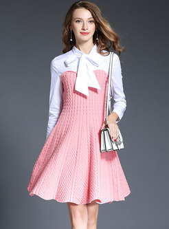 Stylish Color-blocked Splicing Tie-collar Slim Knitted Dress