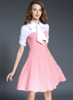 Stylish Color-blocked Splicing Tie-collar Slim Knitted Dress