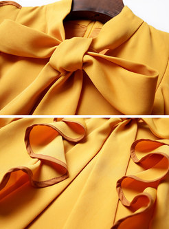 Yellow Solid Flare Sleeve High Waist Sheath Dress