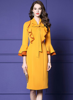 Yellow Solid Flare Sleeve High Waist Sheath Dress