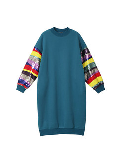 Fashion O-neck Sequined Color-blocked Slit Sweatshirt Dress
