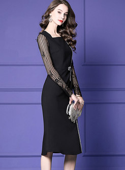 Black Square Neck Drilling Mermaid Dress With Bowknot 