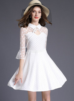 Sexy Splicing Lapel Flare Sleeve Knitted Skater Dress