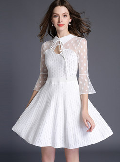 Sexy Splicing Lapel Flare Sleeve Knitted Skater Dress