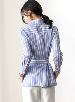 Striped Lapel Belted Single-breasted Slim Blouse