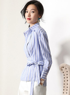Striped Lapel Belted Single-breasted Slim Blouse