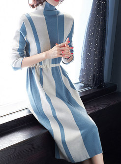 Casual Turtle Striped Belted Gathered Waist Dress