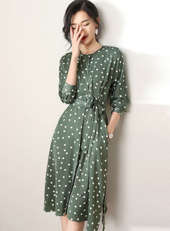 Green Polka Dot Belted Side-slit Slim Dress